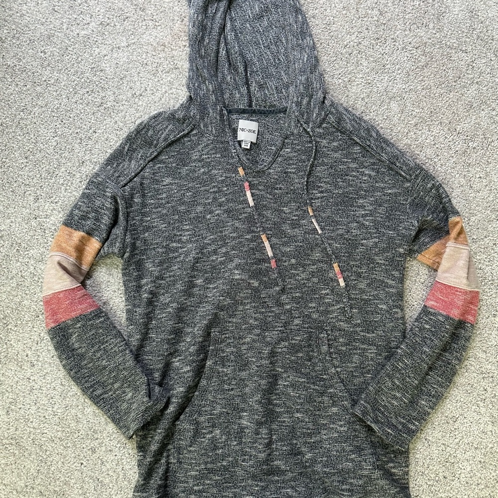 Nic + Zoe Gray Hooded Sweater with Colorful Sleeves - XS
